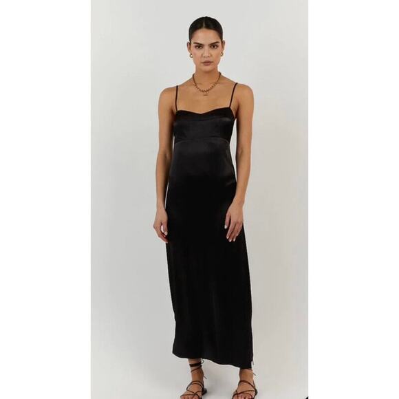 DISSH Gigi Satin Midi Black Cocktail Dress Slinky Slip Strappy Size 2 Long - Picture 1 of 12
